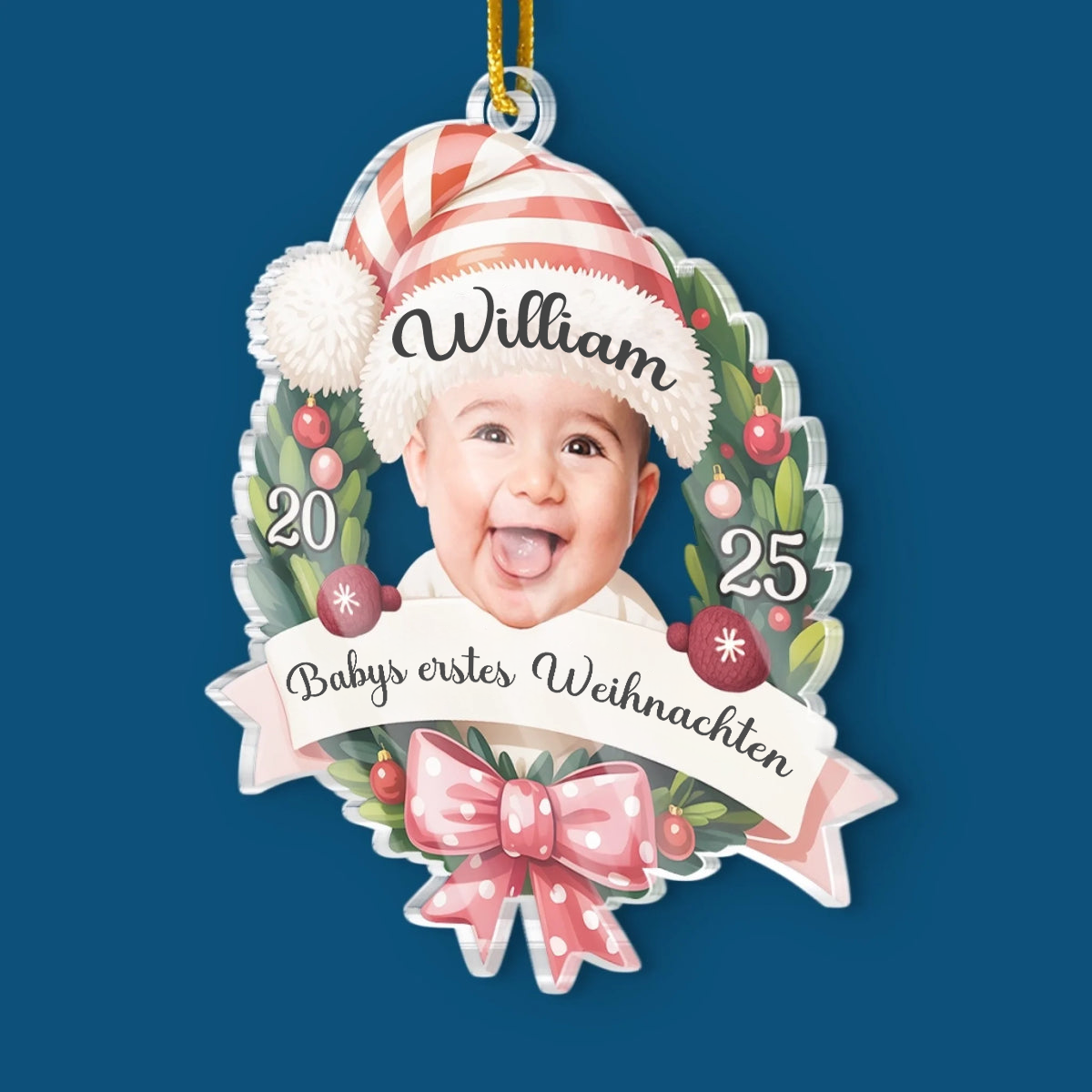 2025-Baby-Ornament mit Schleife Personalisierter Acrylanhänger mit Foto und Name Babys Erstes Weihnachten