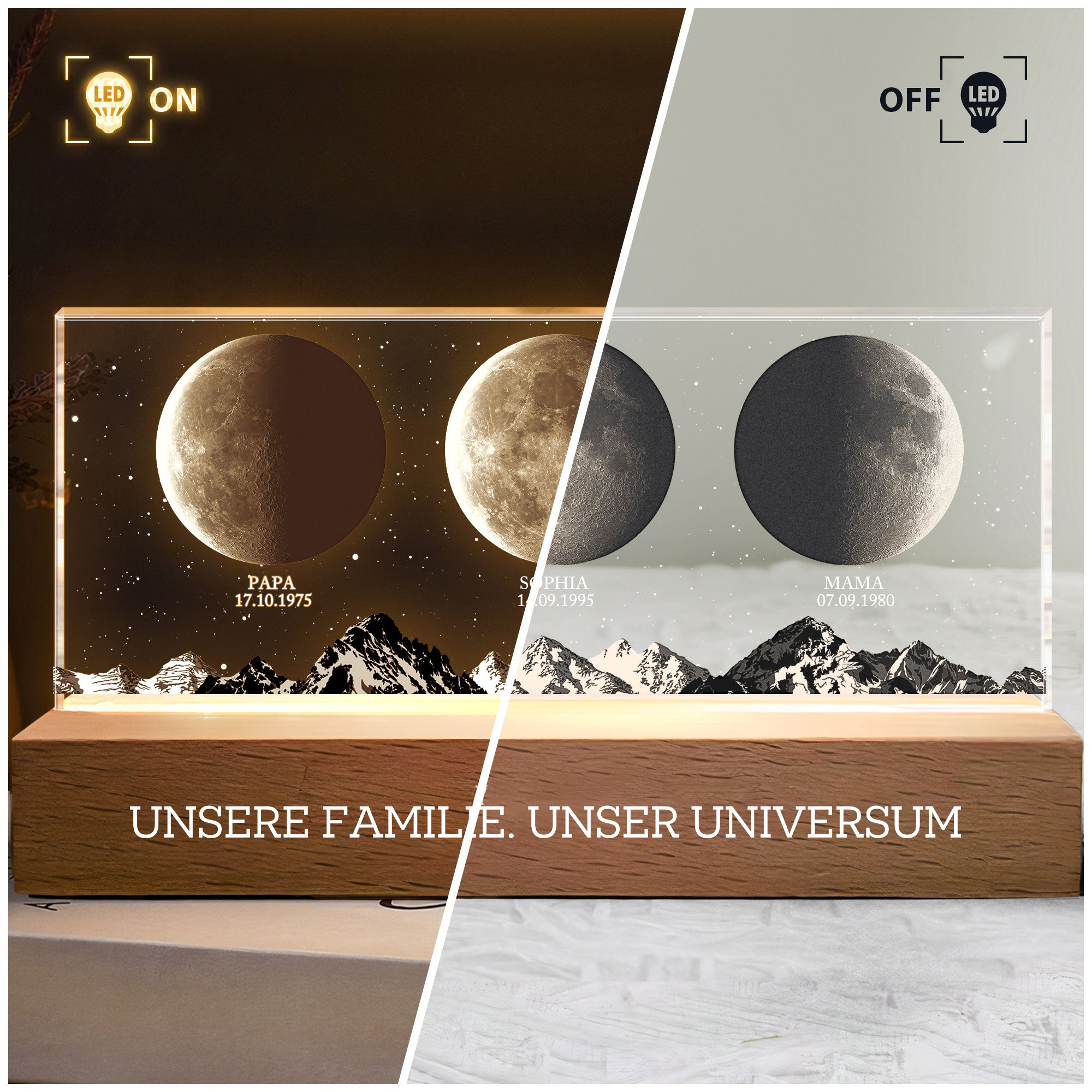 Personalisierte LED-Nachtlicht mit Mondphasen und Text Geschenk für Papa und Mama