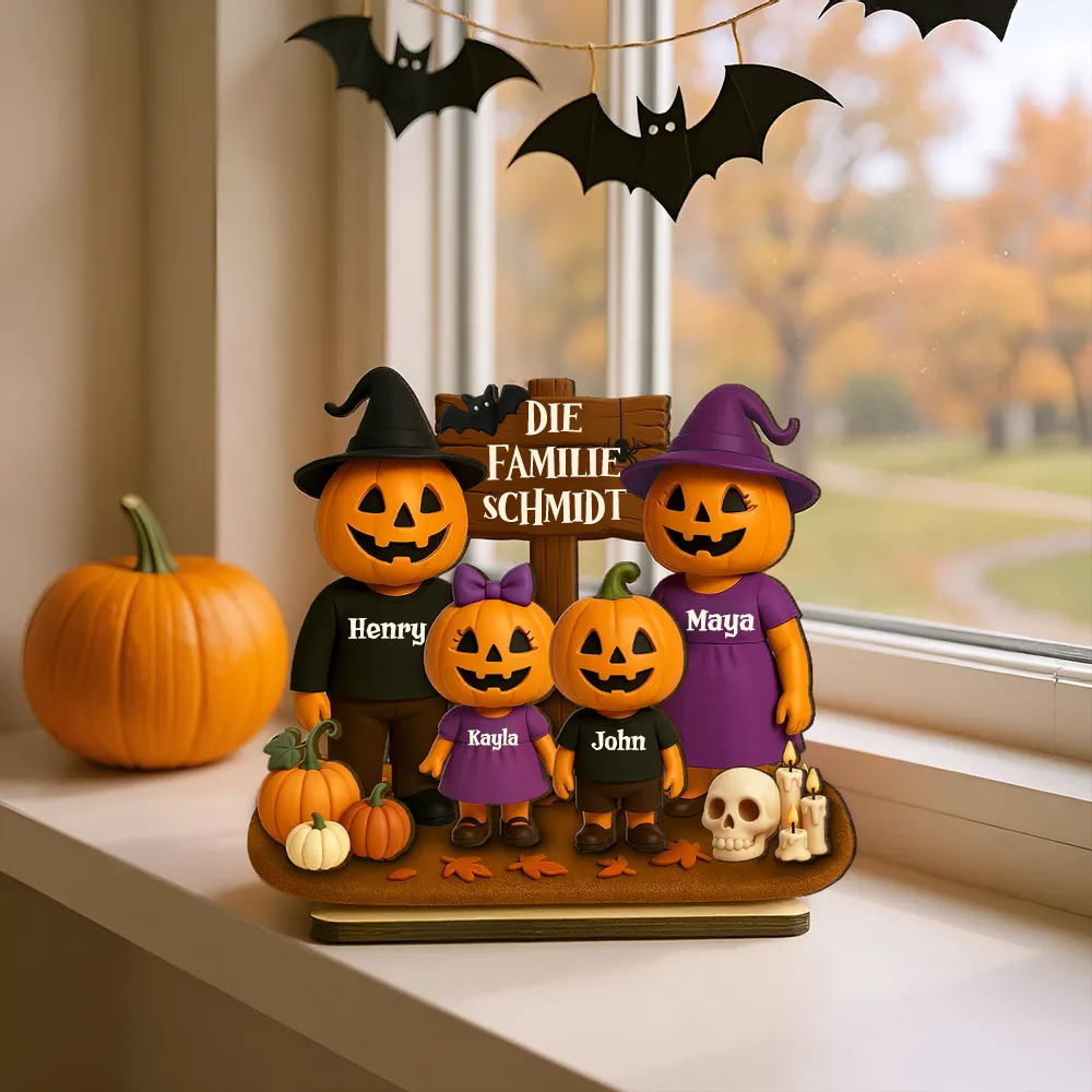 Halloween Familie mit Kürbissen - Personalisierte Holzplakette mit Namen