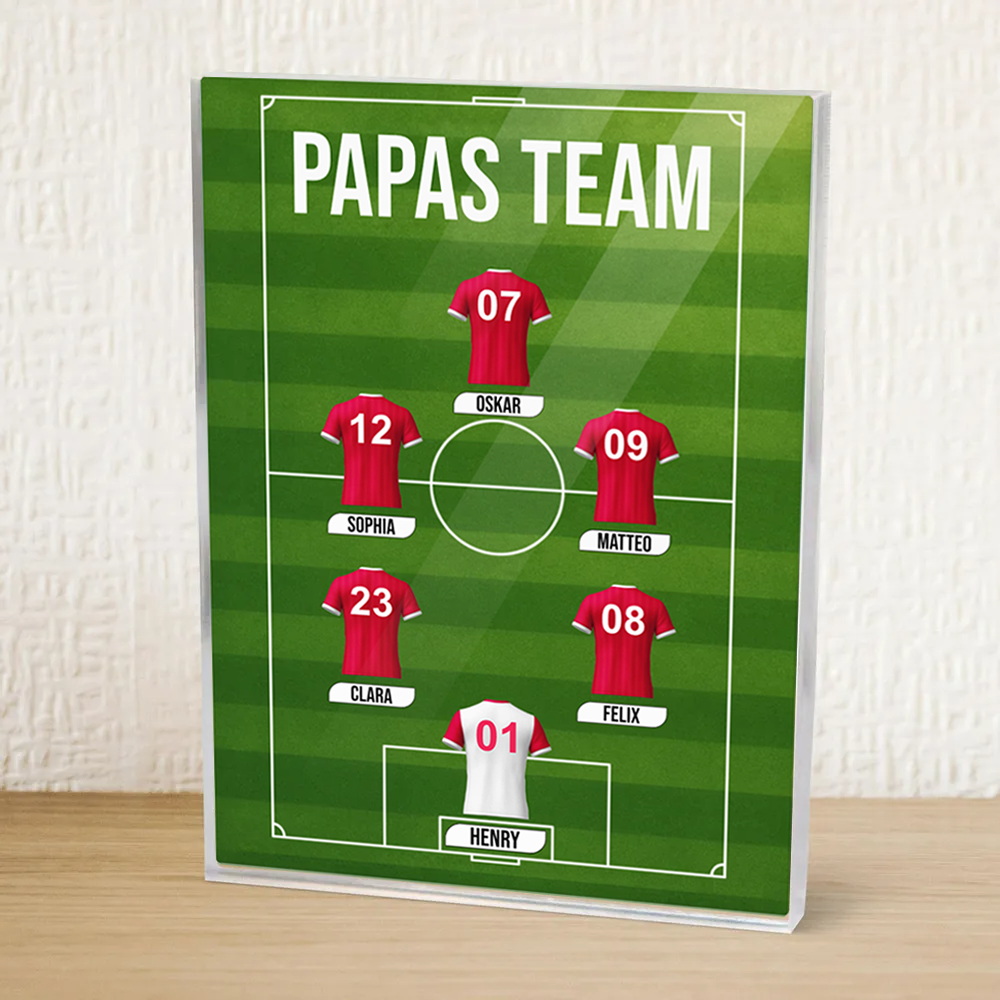 Papas Fußball Team-Acrylblock mit Trikots und Text Geschenk für Papa und Fußballfans