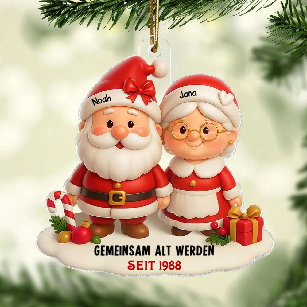 „Gemeinsam alt werden“ – Personalisierter Acryl-Christbaumanhänger mit Weihnachtsmann-Paar