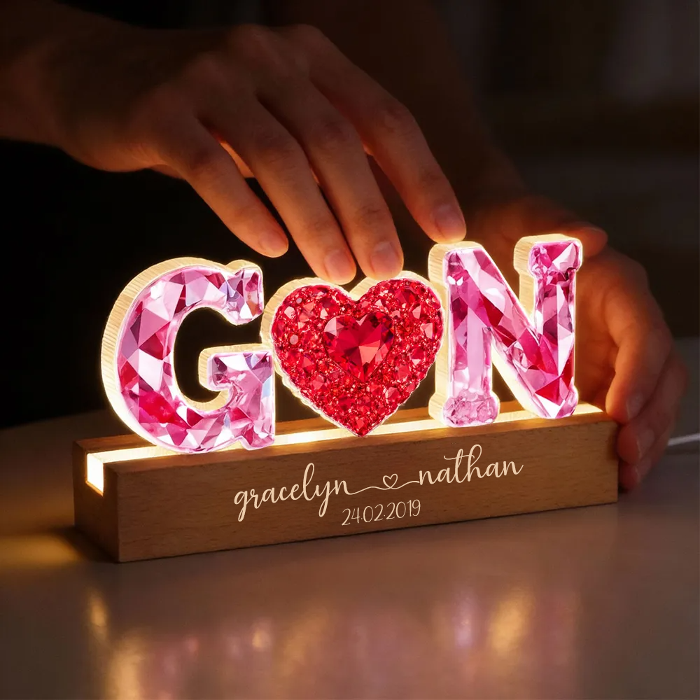 Rosa Herz - Personalisierte LED-Nachtlicht mit 2 Buchstaben für Paar