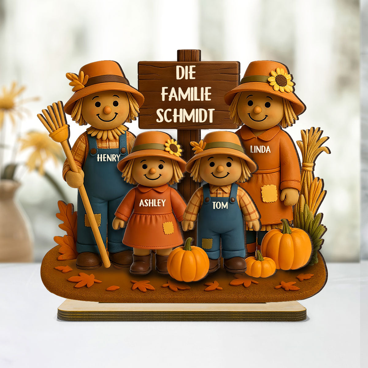 Vogelscheuchen und Kürbisse - Personalisierte Holztafel für Familie