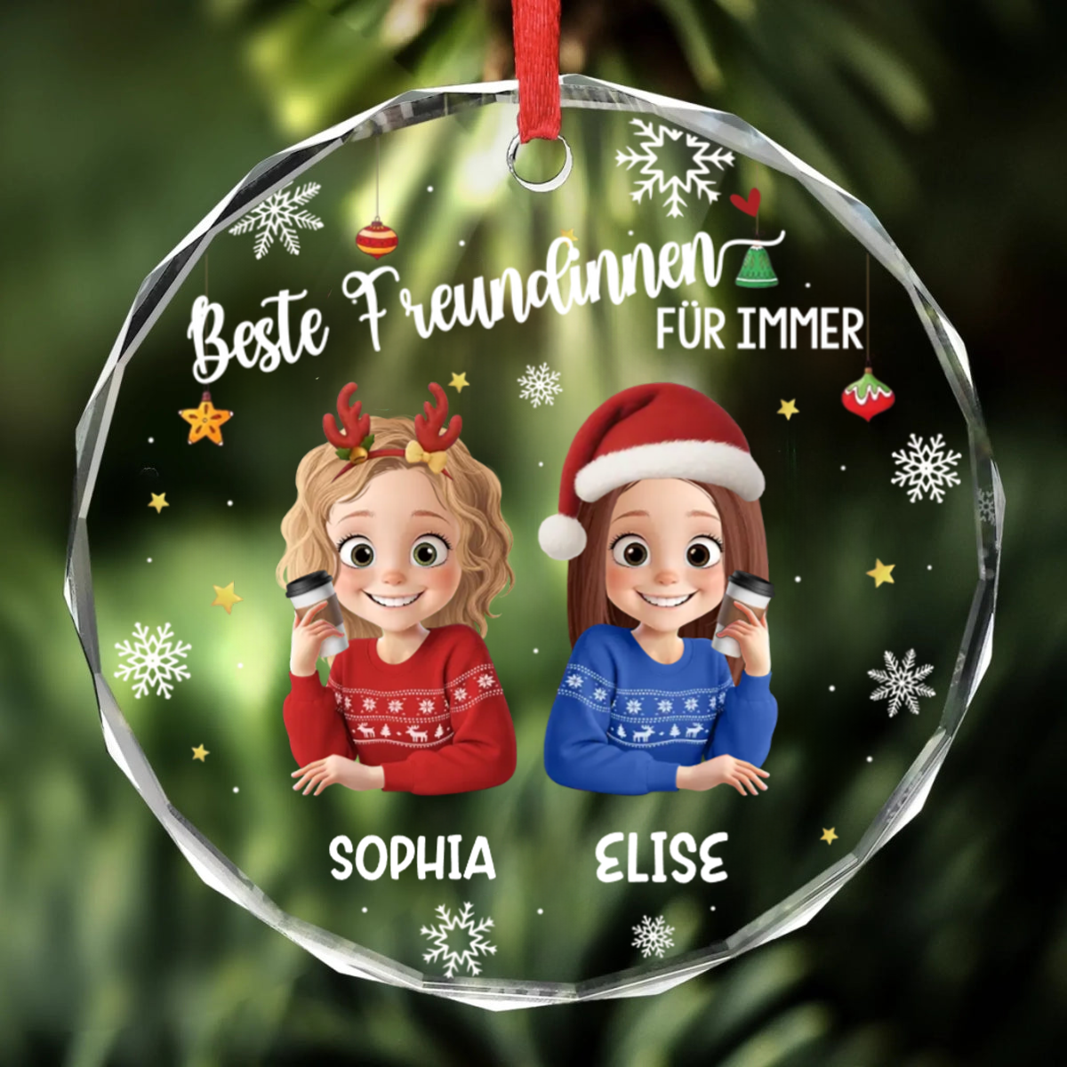 Personalisierter Glas-Ornament „Beste Freundinnen“  Christbaumschmuck mit Gravur