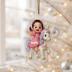 Cartoon-Kind mit Einhorn – personalisiertes flaches Acryl-Weihnachtsornament