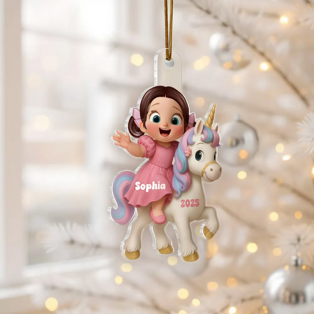 Cartoon-Kind mit Einhorn – personalisiertes flaches Acryl-Weihnachtsornament