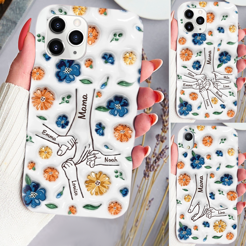 Hand-in-Hand Silikonhandyhülle für iPhone und Samsung mit Namen und Blumen Geschenk für Mama und Oma
