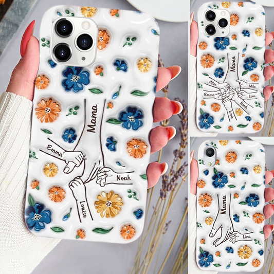 Hand-in-Hand Silikonhandyhülle für iPhone und Samsung mit Namen und Blumen Geschenk für Mama und Oma