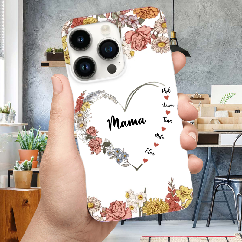 Handyhülle mit Blumen für Iphone und Samsung, 1-13 Namen personalisiert Geschenk für Mama und Oma
