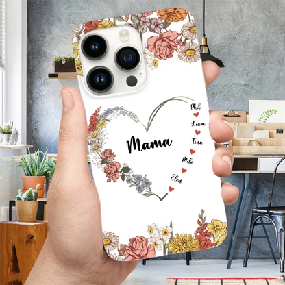 Handyhülle mit Blumen für Iphone und Samsung, 1-13 Namen personalisiert Geschenk für Mama und Oma