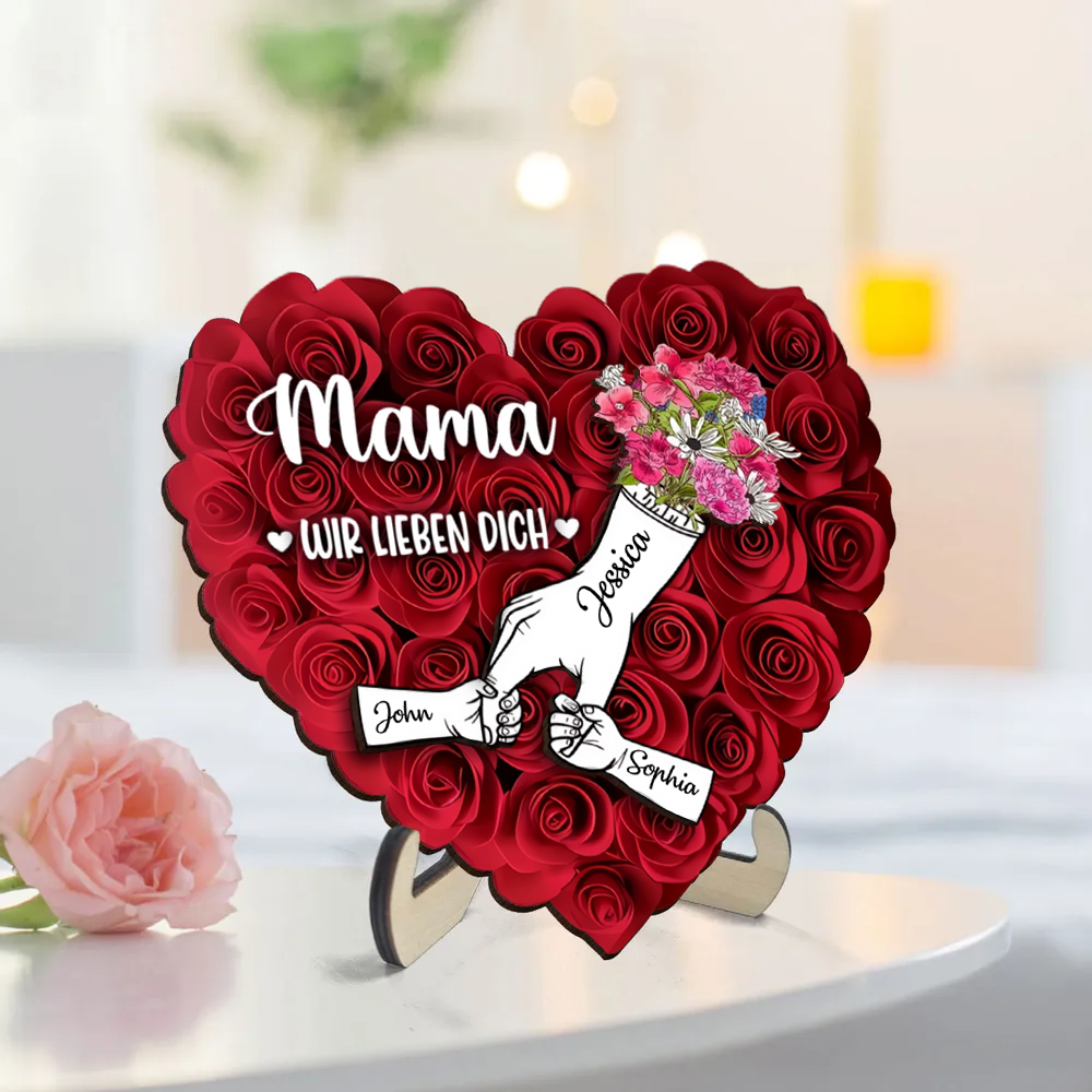 Hand-in-Hand Personalisierter Holzaufsteller mit Rosen Geschenk für Mama und Oma