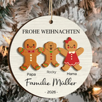 Personalisierter 2-lagiger Holz-Weihnachtsanhänger – Lebkuchenfamilie mit Namen & Text