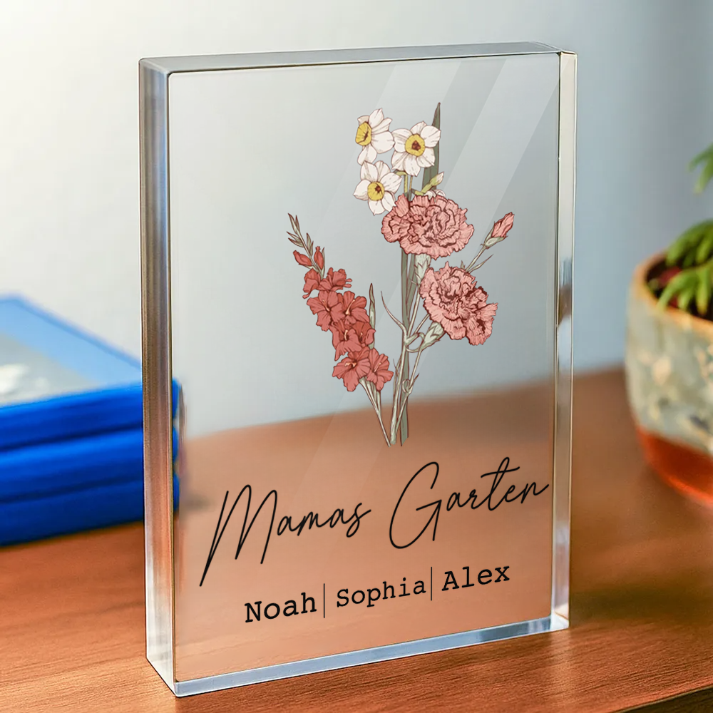 Personalisierter Acrylblock mit Geburtsblumenstrauß, Text und Namen Geschenk für Mama und Oma