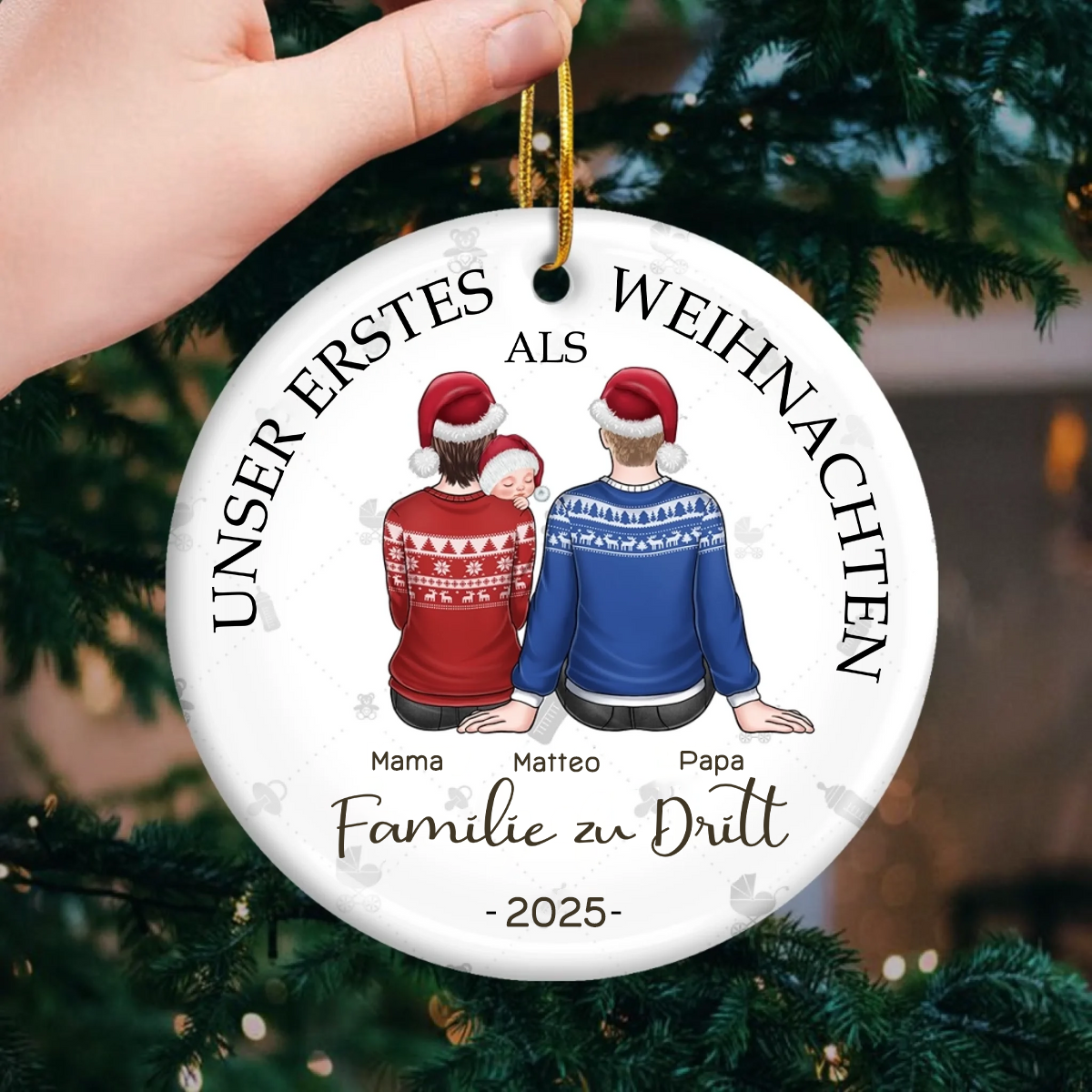 Personalisierter Keramik-Anhänger „Unser erstes Weihnachten zu dritt“