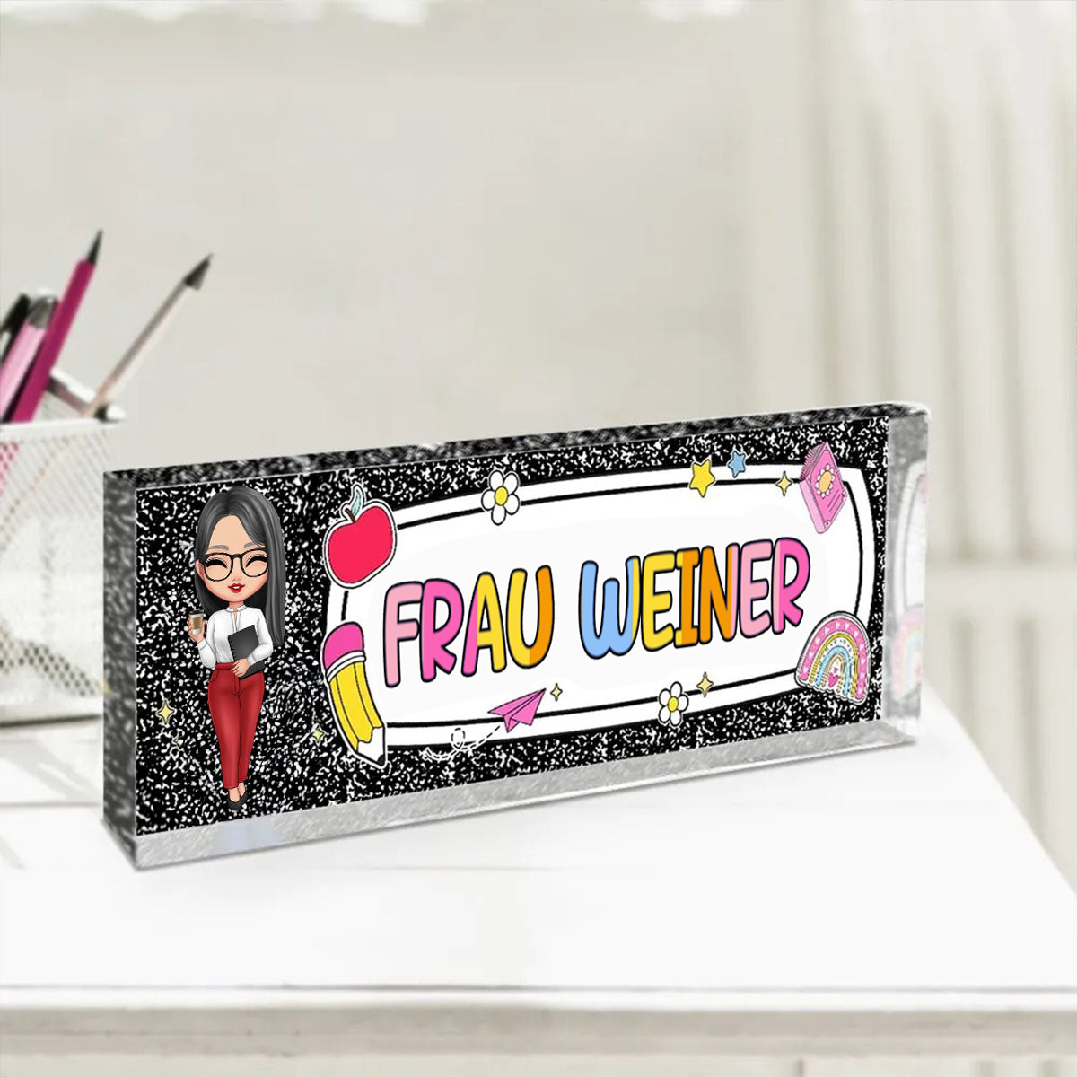 Personalisierte Acryltafel mit Figur und Name Geschenk für Lehrerin und Mitarbeiterin