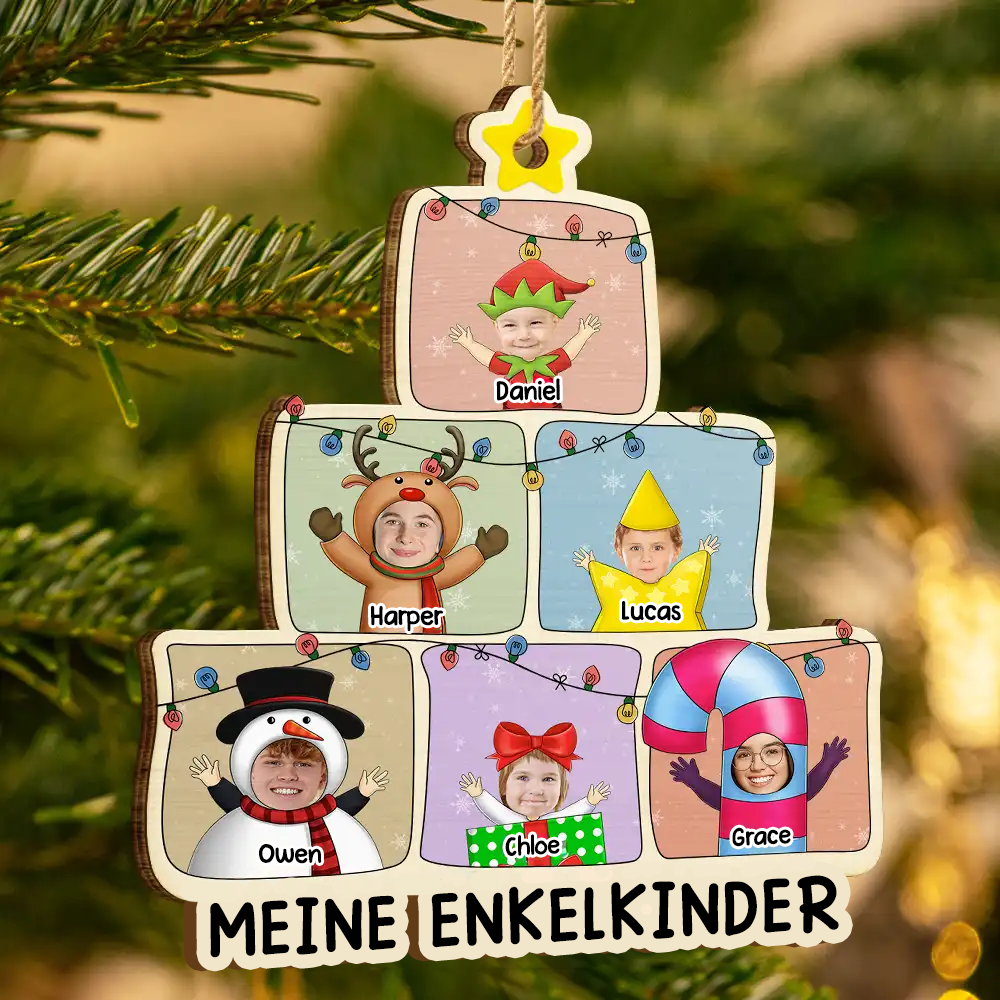 Personalisierter Holz-Weihnachtsanhänger für die Familie – Baummotiv mit Fotos & Text
