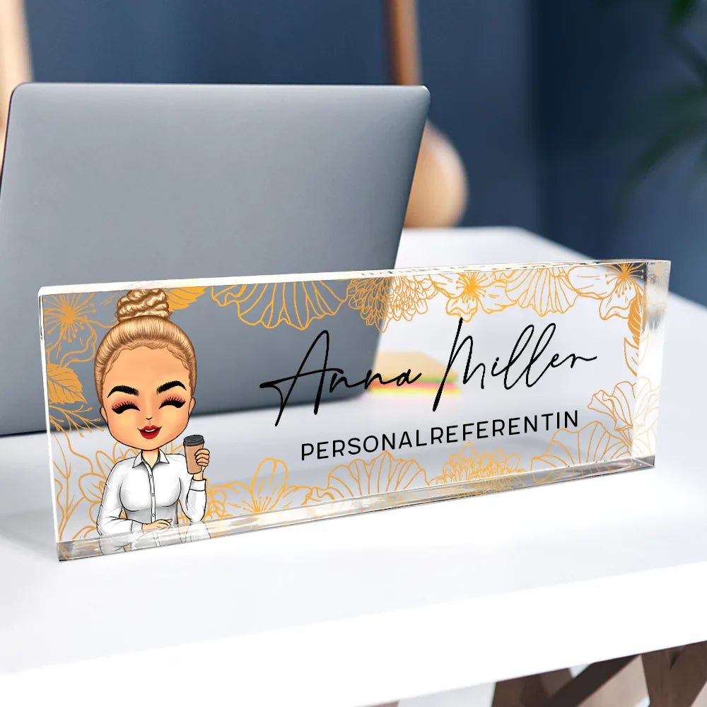 Personalisiertes Acryl-Namensschild für den Schreibtisch mit Blumenmotiv – Individuelles Geschenk für Kollegin & Freunde