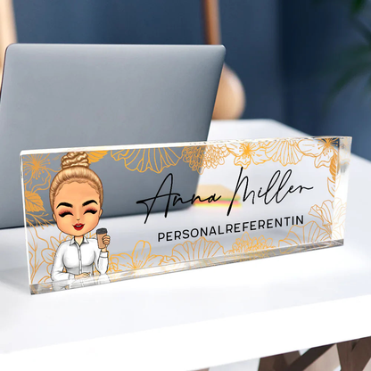 Personalisiertes Acryl-Namensschild für den Schreibtisch mit Blumenmotiv – Individuelles Geschenk für Kollegin & Freunde