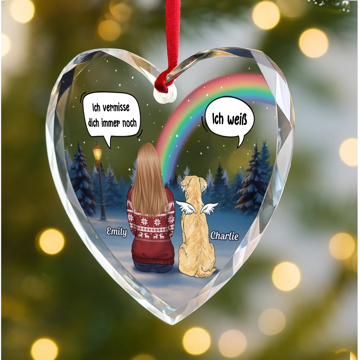 Personalisierter Herzförmiger Glasanhänger Christbaumschmuck zur Erinnerung an Haustiere