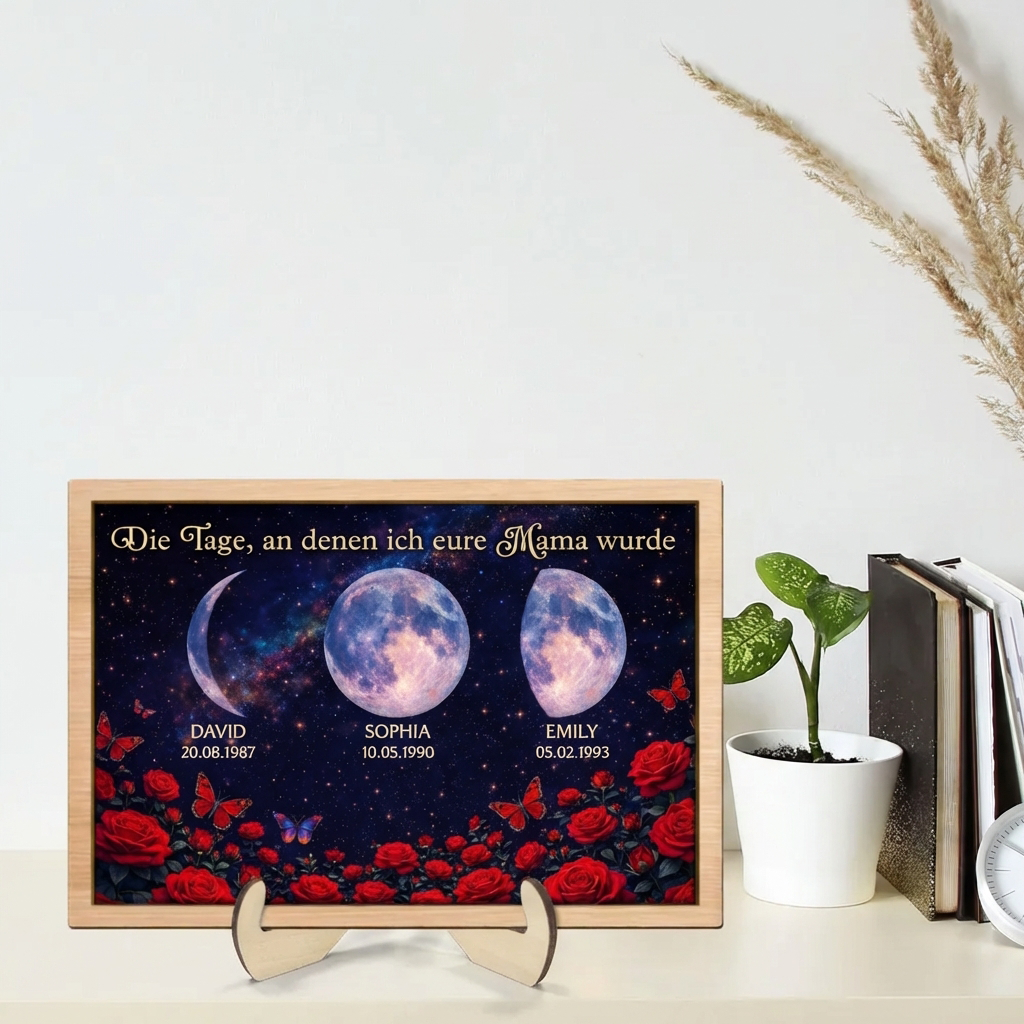 Rosen und Mondphasen - Personalisierter Holzaufsteller für Mama