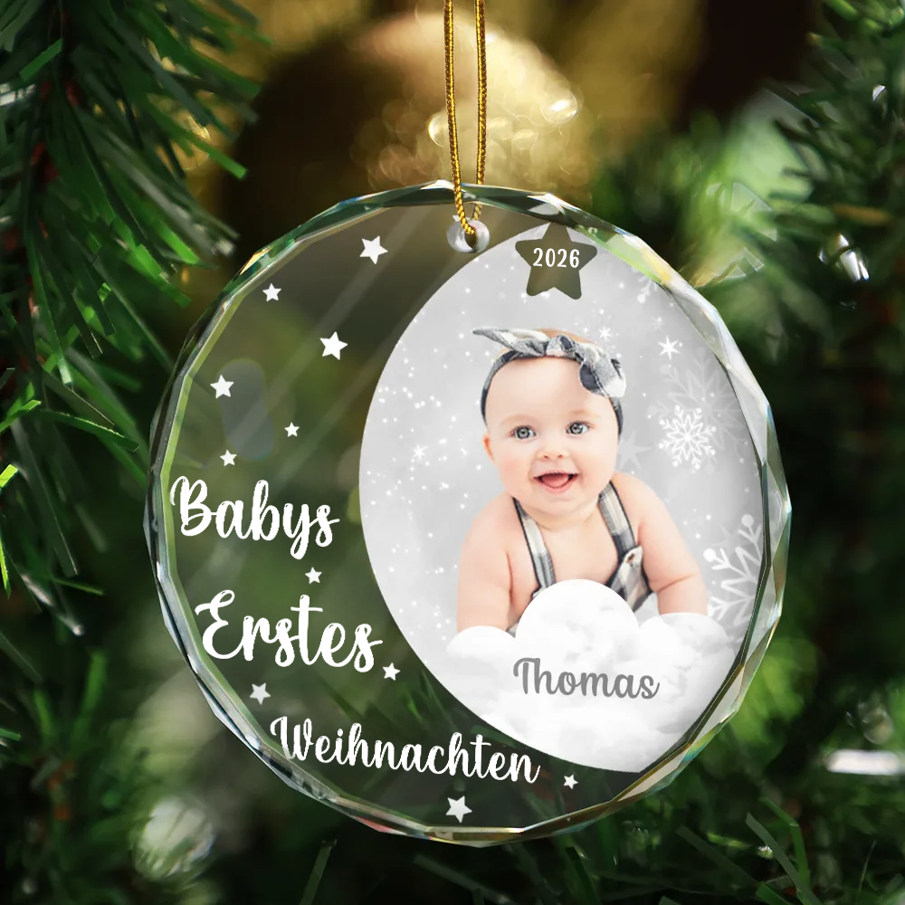 Personalisierter Glas-Weihnachtsanhänger mit Foto - Babys erstes Weihnachten