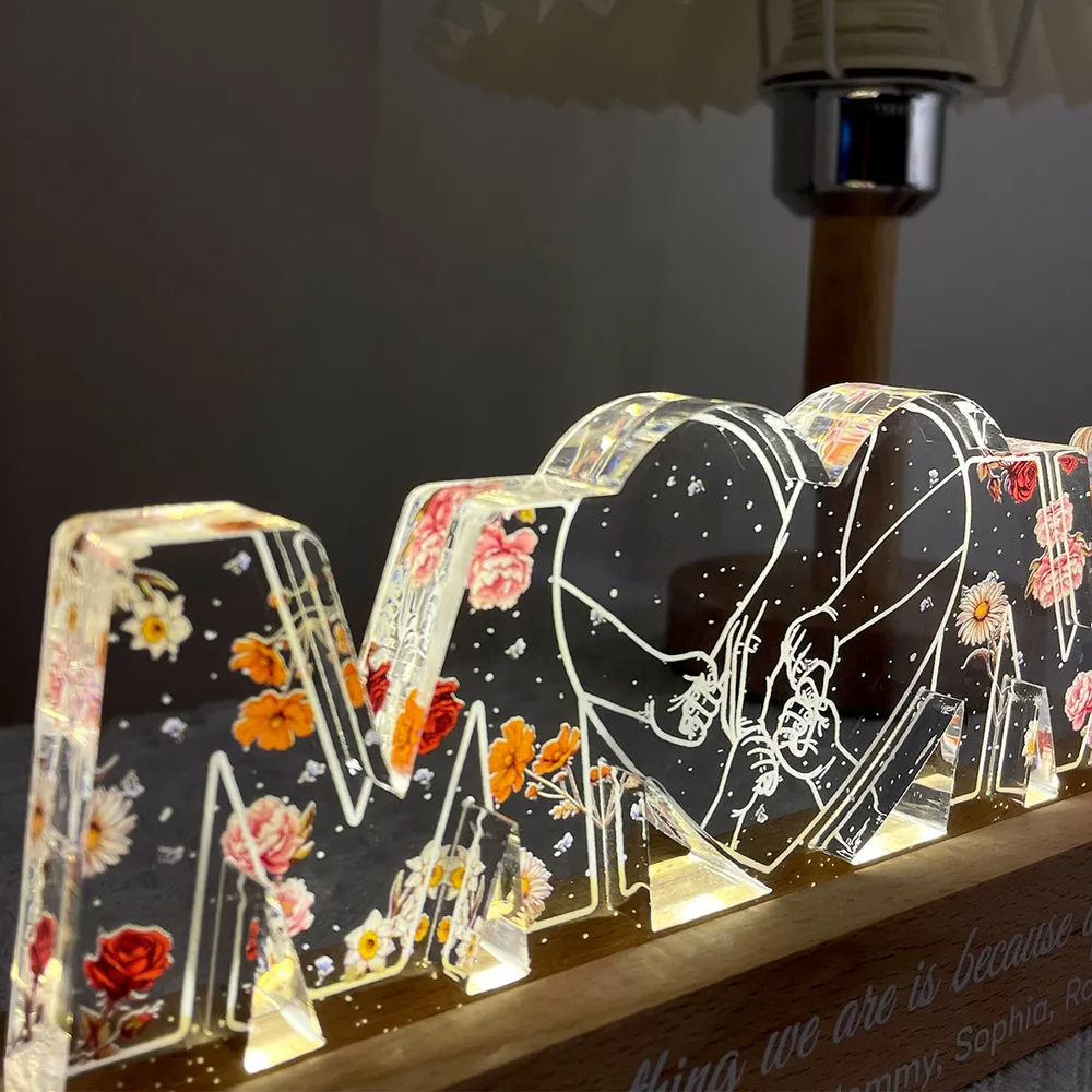 Personalisierte MOM-Nachtlicht mit Geburtsblumen und Hand-in-Hand Muster