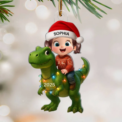 Süßes Kind mit Dinosaurier – Personalisierte Acryl-Weihnachtsanhänger – Lustiges Geschenk für Kinder & Enkel