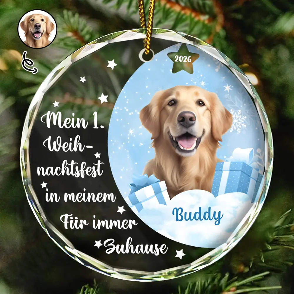 Personalisierter Glas-Weihnachtsanhänger für Haustiere mit Foto – Mein erstes Weihnachtsfest