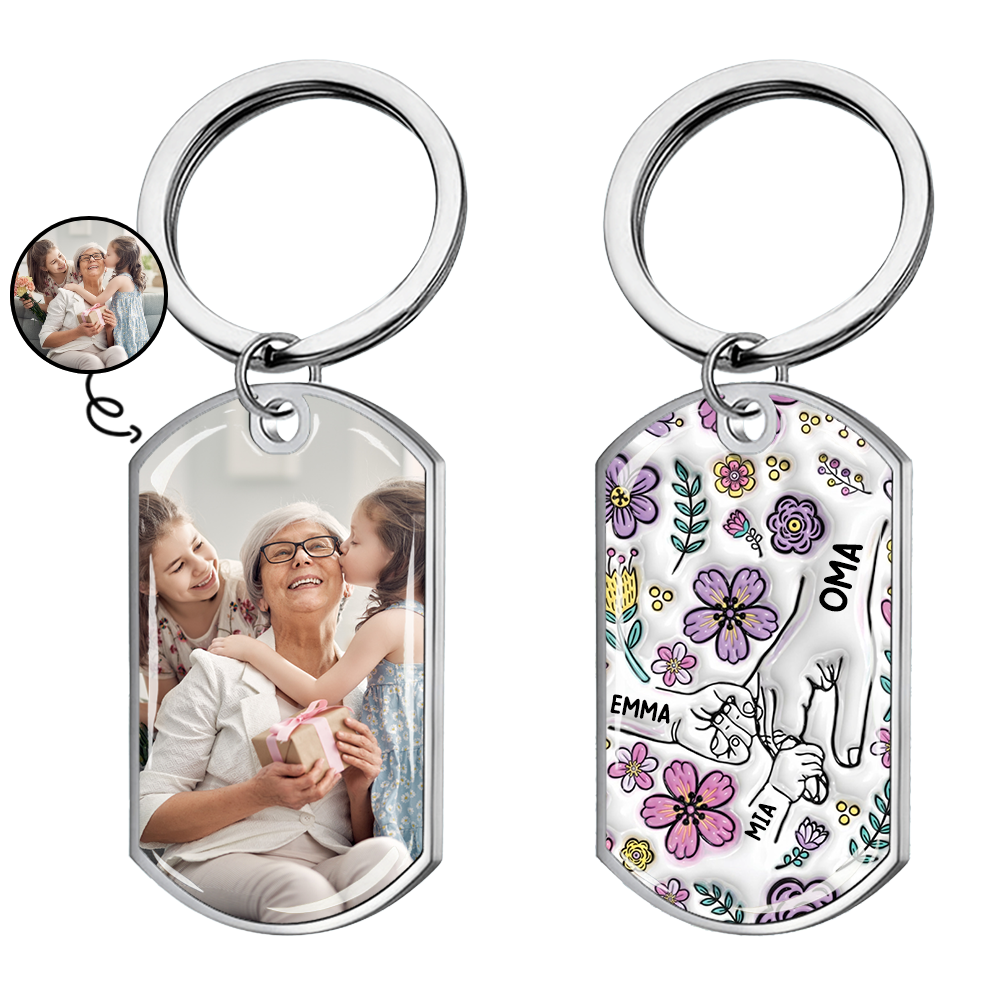 Hand in Hand - Personalisierter Foto-Edelstahl-Schlüsselanhänger mit Expoxidharz Geschenk für Oma und Mama