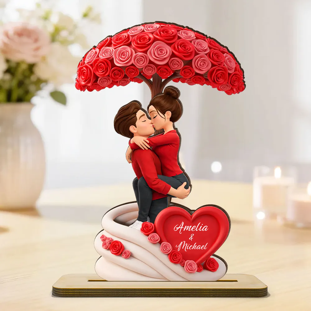 Paar und Rosen-Regenschirm Personalisierter Holzaufsteller mit Figuren und Namen