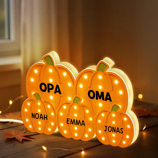 „Oma & Opa – Kürbisfeld mit Enkelkindern“ Personalisierte LED-Leuchtbox