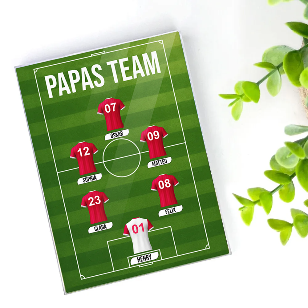 Papas Fußball Team-Acrylblock mit Trikots und Text Geschenk für Papa und Fußballfans