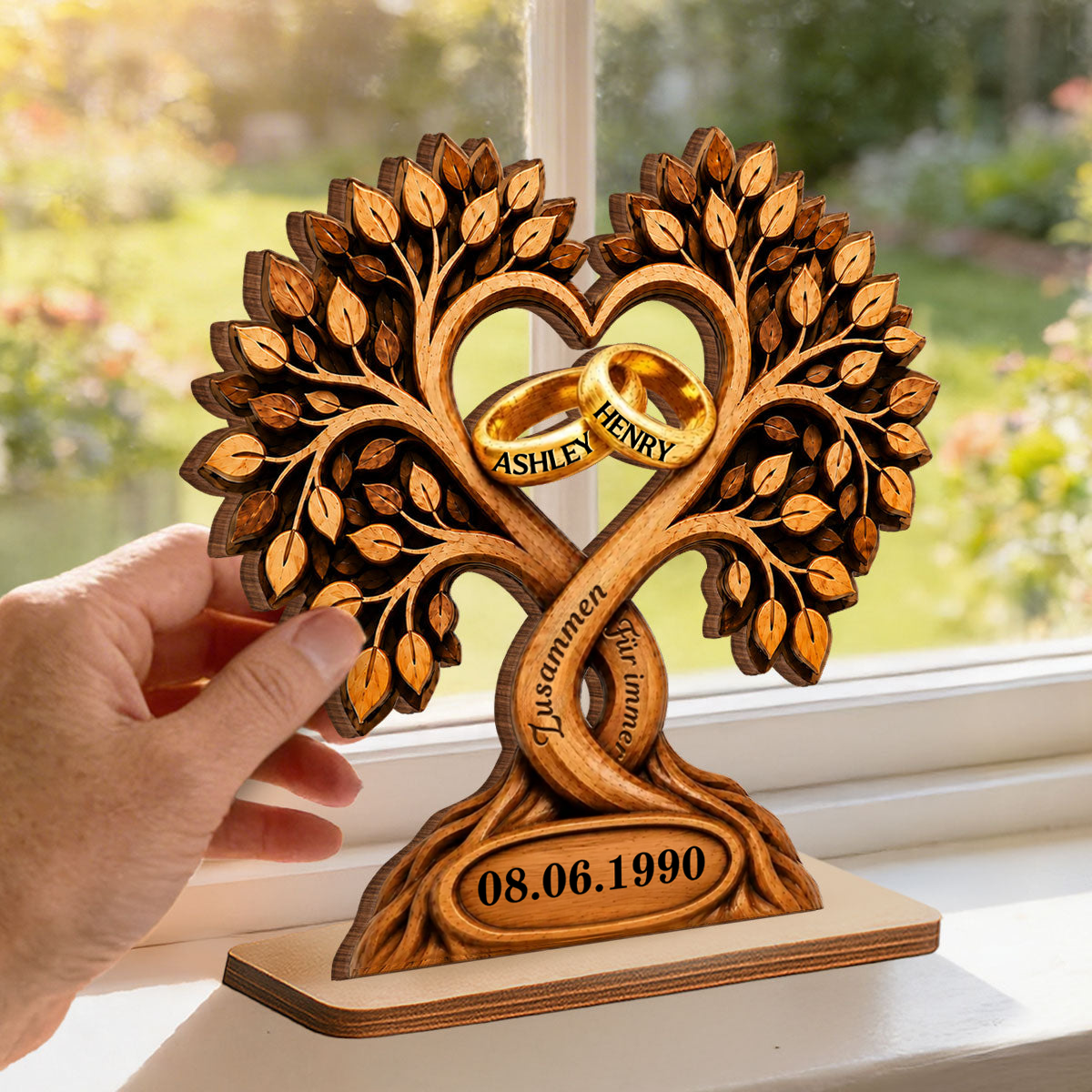 Personalisierter Holzaufsteller zum Jahrestag – Baum- & Ringmotiv mit Namen