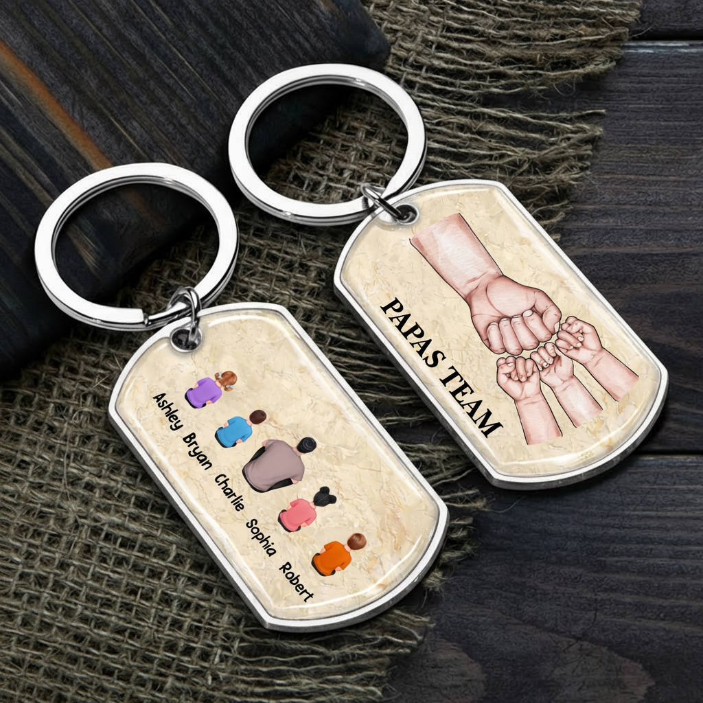 Papa und Kinder Fausstoß-Edelstahl-Schlüsselanhänger mit Expoxidharz