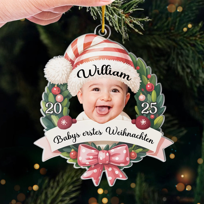 2025-Baby-Ornament mit Schleife Personalisierter Acrylanhänger mit Foto und Name Babys Erstes Weihnachten