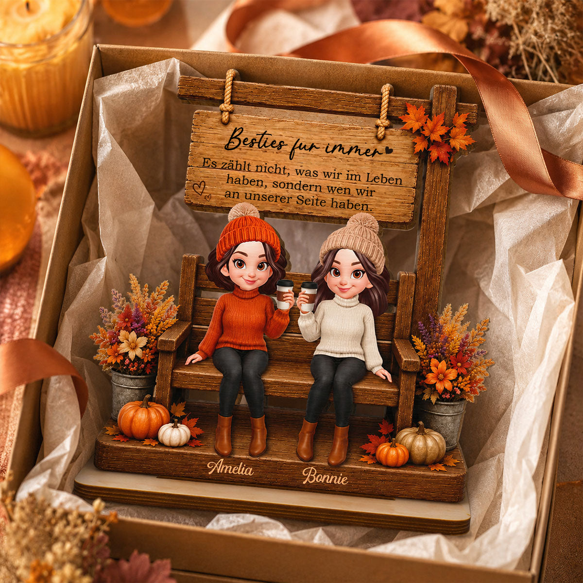 Personalisierter Holzaufsteller für beste Freundinnen & Schwestern – Herbstmotiv
