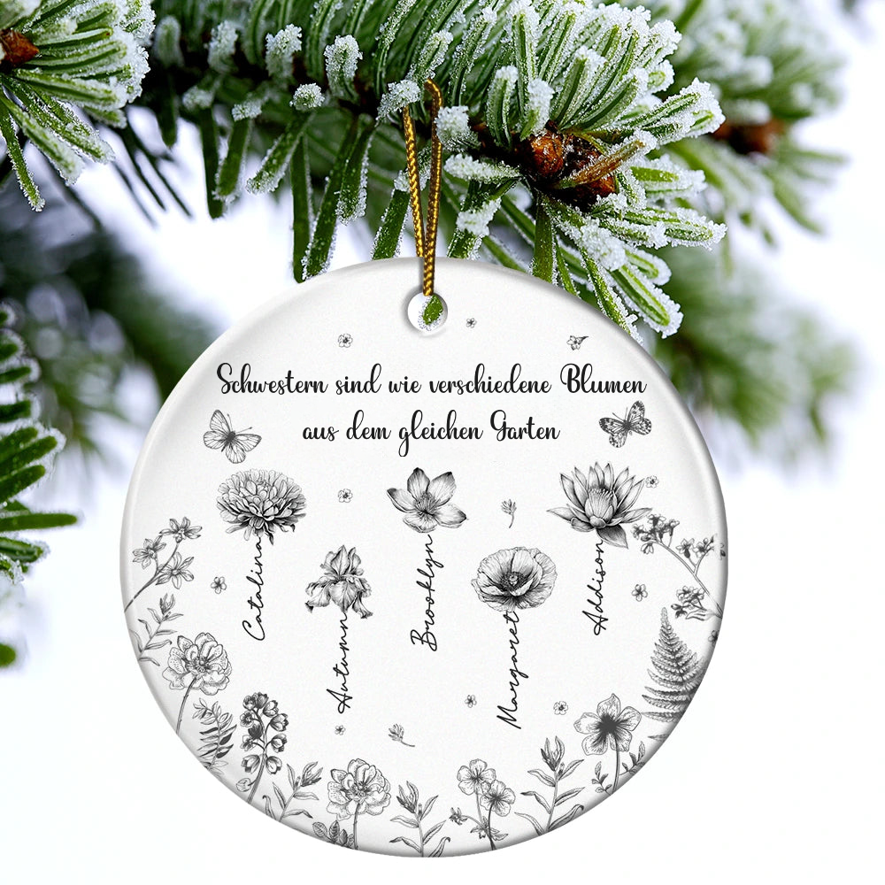 Personalisierte Keramik Ornament Christbaumschmuck mit Geburtsblumen Geschenk für Schwestern