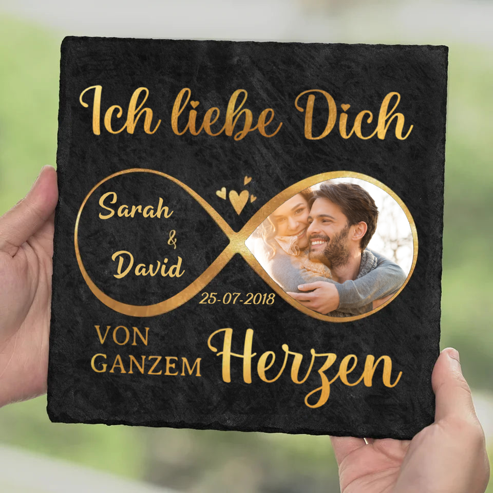Ich liebe dich - Personalisierte Schieferplatte für Paare mit Unendlichkeitszeichen und Foto