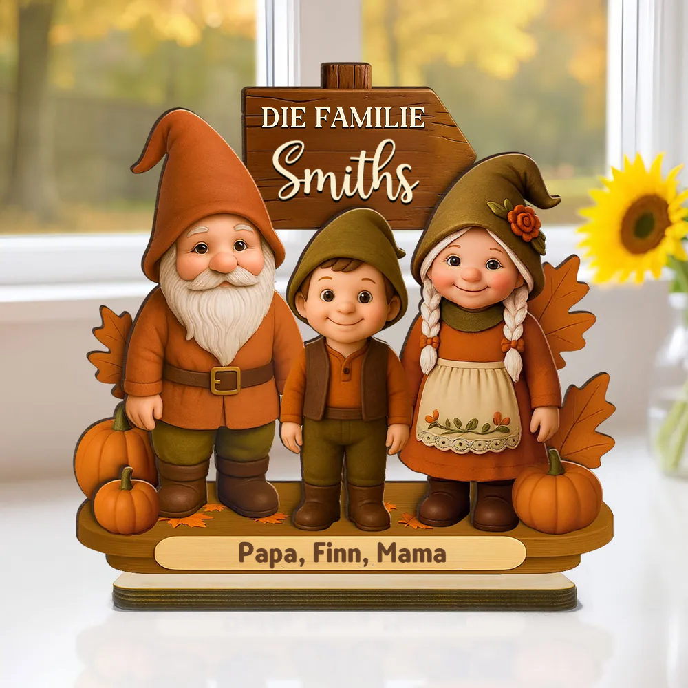 Gnomenfamilie Herbstsaison Holzplakette mit Namen