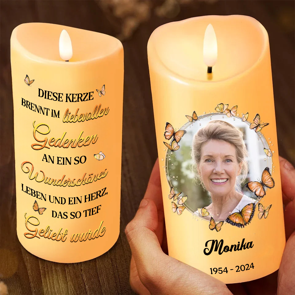 Personalisierte Trauerkerze mit Schmetterlingen LED-Kerze mit Foto