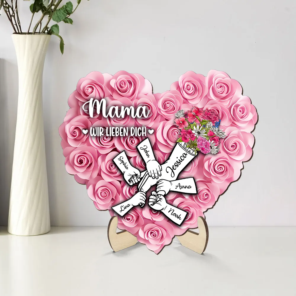 Hand-in-Hand Personalisierter Holzaufsteller mit Rosen Geschenk für Mama und Oma