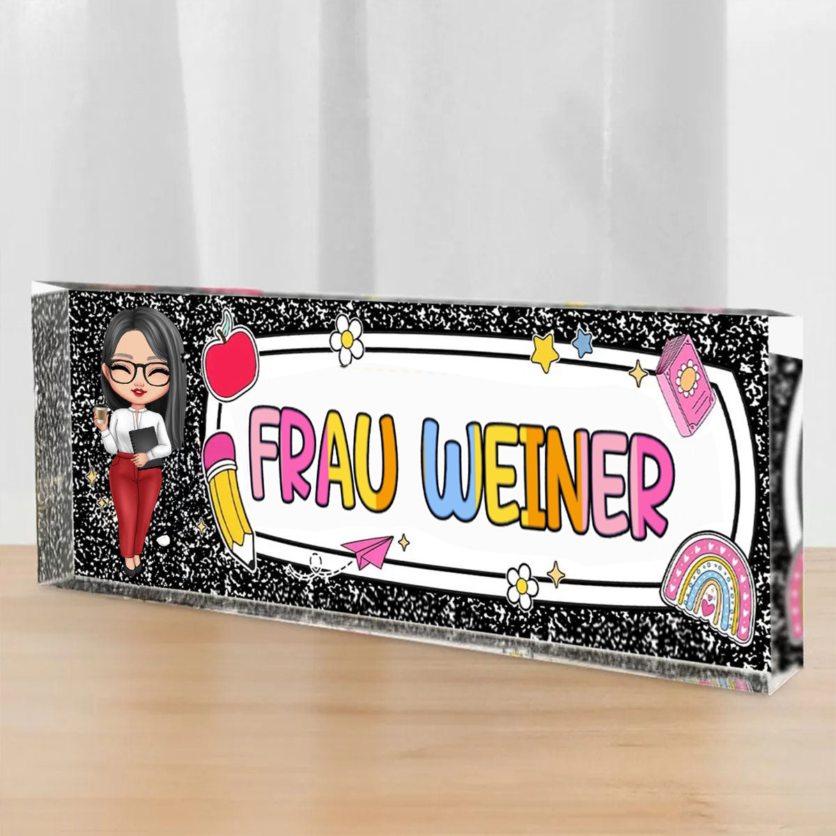 Personalisierte Acryltafel mit Figur und Name Geschenk für Lehrerin und Mitarbeiterin
