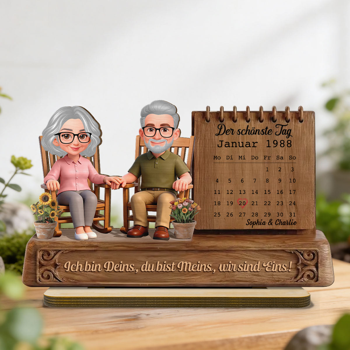 Paar und Kalender - Personalisierter Holzaufsteller mit Spruch und Figuren Jahrestagsgeschenk