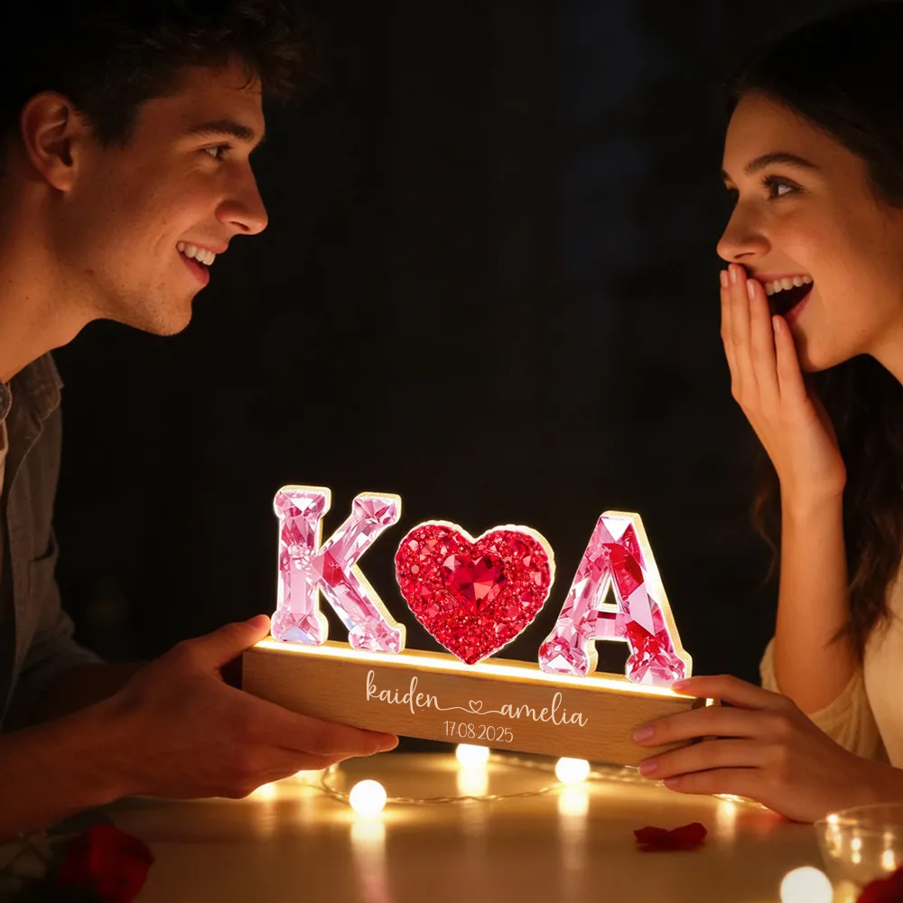 Rosa Herz - Personalisierte LED-Nachtlicht mit 2 Buchstaben für Paar