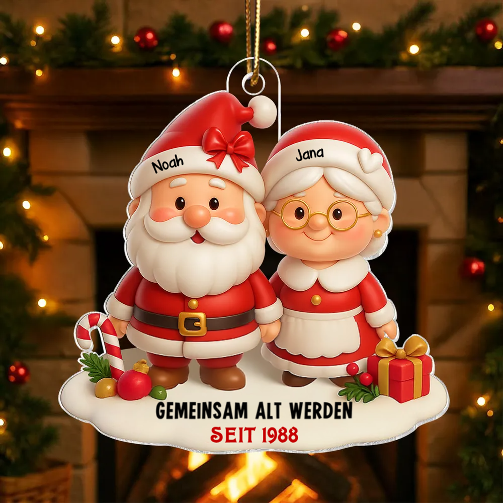 „Gemeinsam alt werden“ – Personalisierter Acryl-Christbaumanhänger mit Weihnachtsmann-Paar