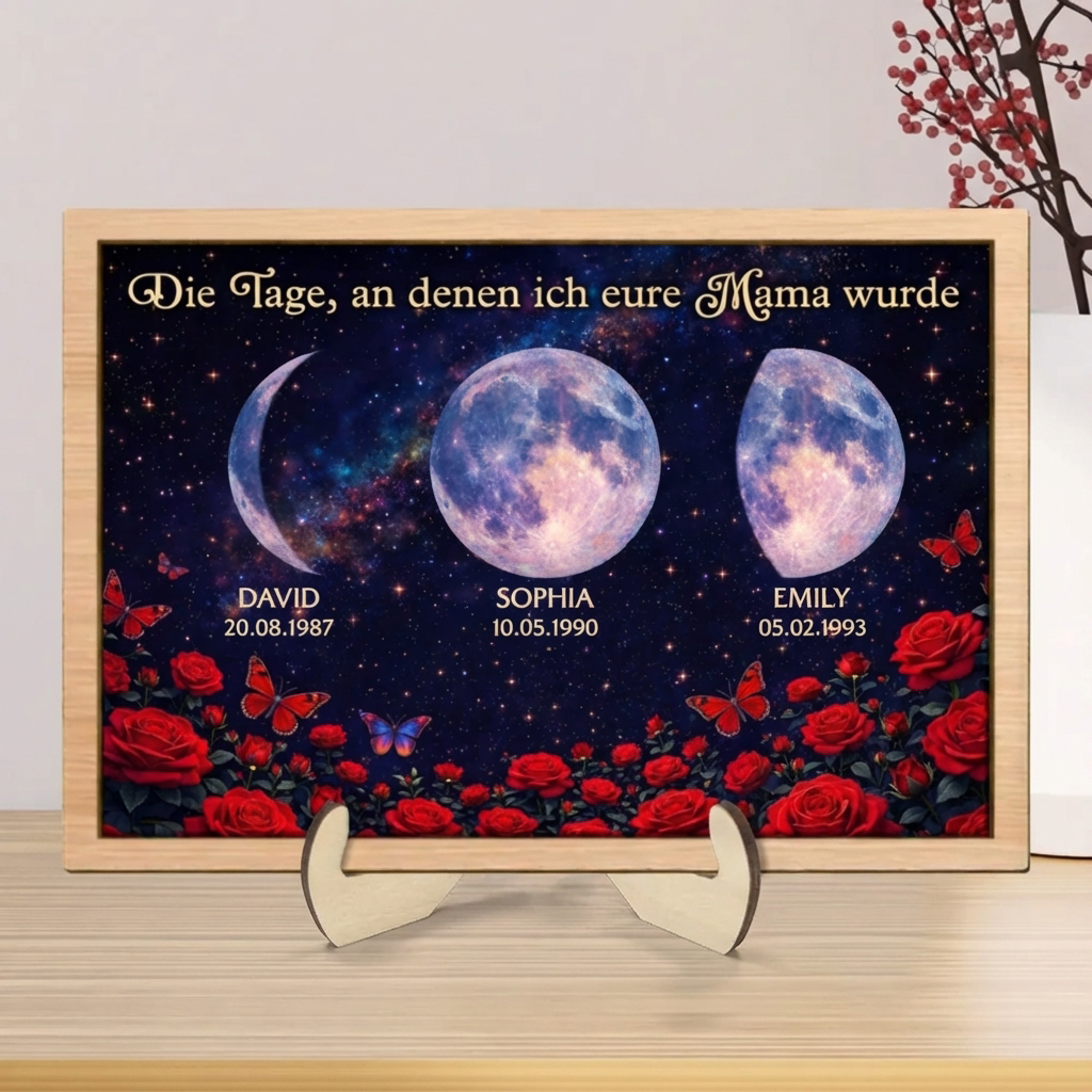 Rosen und Mondphasen - Personalisierter Holzaufsteller für Mama
