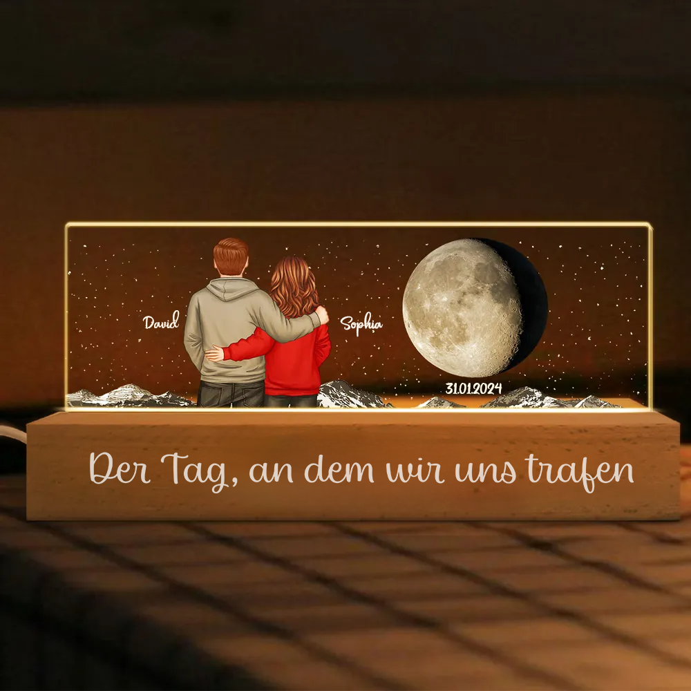 Paar unter dem Mond-Personalisierte LED-Nachtlicht mit Mondphase, Paar und Text
