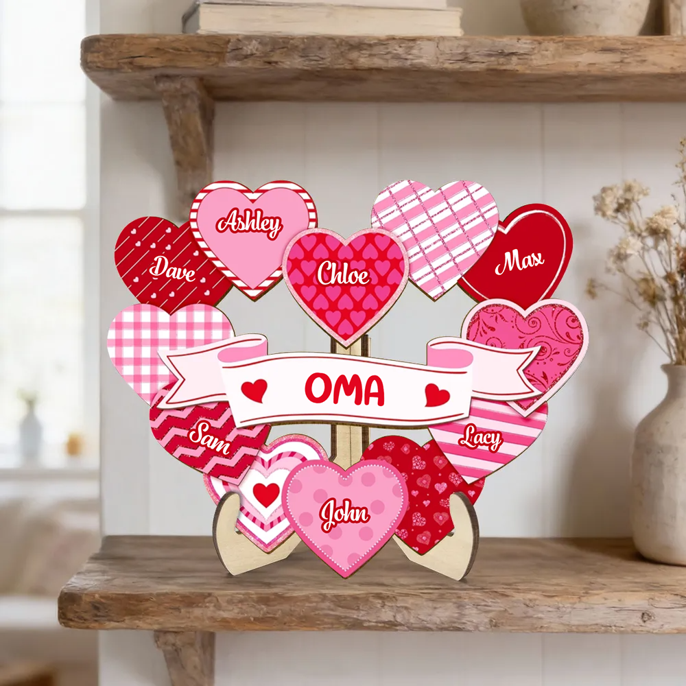 Omas Schätze-Personalisierter Holzaufsteller mit Herzen Geschenk für Mama und Oma