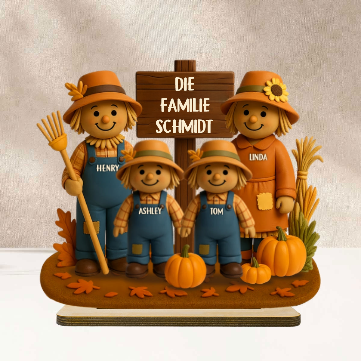 Vogelscheuchen und Kürbisse - Personalisierte Holztafel für Familie
