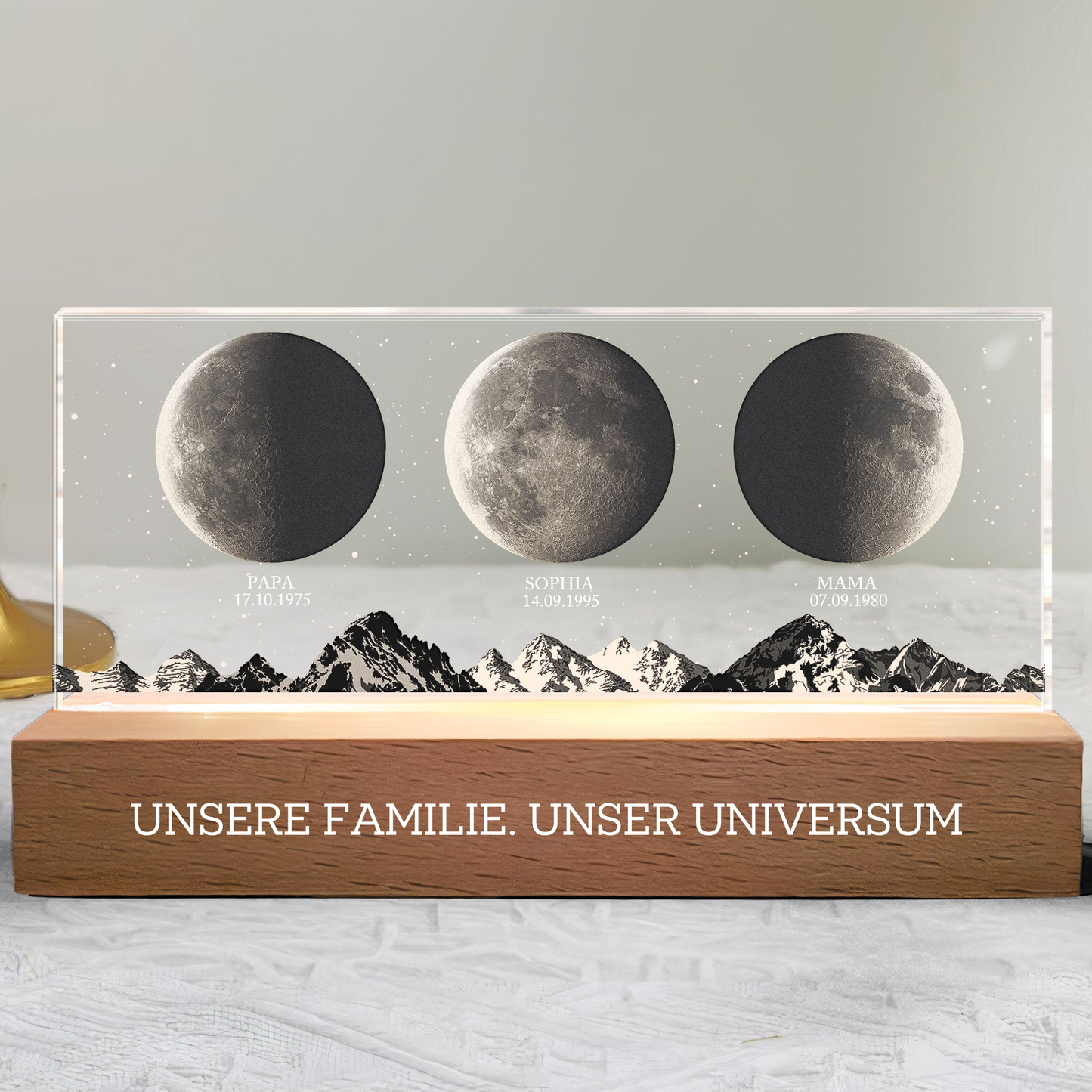 Personalisierte LED-Nachtlicht mit Mondphasen und Text Geschenk für Papa und Mama